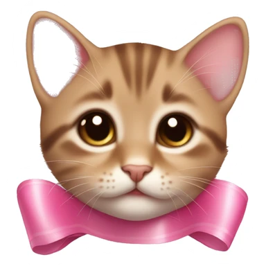 Small Little brown kitten with a pink ribbon around its neck, with big brown eyes and pink toungue sticker