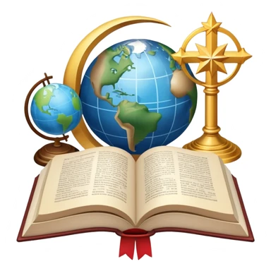 An icon featuring religious symbols like a cross, crescent moon, and star, alongside an open book, symbolizing the study of religion. The design includes a globe and a temple in the background, representing global faith traditions and spiritual exploration. Transparent background sticker