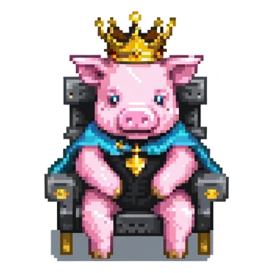 ultra-minimal pixel art pig with a golden crown sitting on a throne, blocky and square like Minecraft, inspired by Technoblade sticker