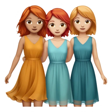 Can you create an image of 3 friends together one with red bright hair light skin one the other with brown hair with some blonde highlights in the hair fair skin the last one with light brown a tint of orange hair with flowy dresses sticker