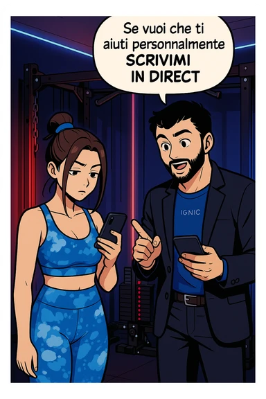 TRASFORMA QUESTO CAROSELLO IN UN FUMETTO STILE WEBTOON/MANGA A COLORI CON QUESTE DUE PERSONE IDENTICHE CHE INTERLOQUISCONO TRA LORO, L'UOMO MOSTRA UNO SMARTPHONE ALLA DONNA INDICANDOLO, E ANCHE LA DONNA HA LO SMARTPHONE IN MANO PER ANDARE A SEGUIRE IL SUO PROFILO INSTAGRAM:

LUI (UOMO): Se vuoi che ti aiuti personalmente
SCRIVIMI IN DIRECT sticker