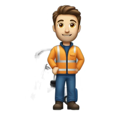 Forklift with a driver with brown hair and wearing a blue jacket, blue pants and black boots sticker