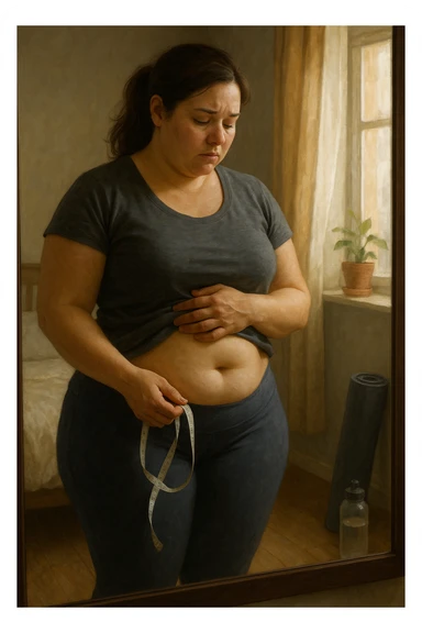 A realistic, cinematic illustration of a woman in her early 30s with a slightly rounded body shape, standing in front of a mirror in a softly lit bedroom, looking at her reflection with a thoughtful, slightly discouraged expression. She is wearing comfortable home workout clothes, holding a tape measure in one hand loosely, while her other hand gently touches her belly area, showing her frustration with slow weight loss progress. The room is cozy, with natural light filtering in, a yoga mat rolled up in the corner, a water bottle, and a small plant on the windowsill. The scene captures the emotional struggle and quiet determination of a woman facing difficulties in losing weight despite her efforts, with warmth and dignity. sticker