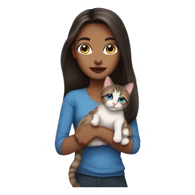 Woman with dark long hair, pink lips and blue eyes holding a tabby cat  sticker