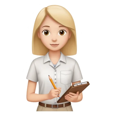 intern or volunteer holding a clipboard and pencil, ready to take notes or assist. The character wears a simple shirt and has an eager posture sticker