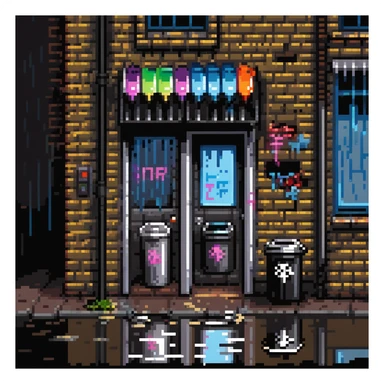 Pixel art background in side-scrolling view, inspired by classic Sega fighting games. Dark urban street in front of an old brick building, with graffiti, broken windows, metal door, trash cans, flickering neon sign, and a streetlamp. Gritty atmosphere, nighttime, subtle rain puddles on the ground. sticker