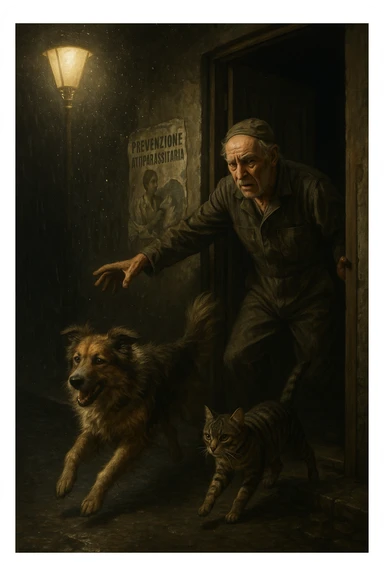 Un uomo anziano in tuta da lavoro, con espressione angosciata, tiene aperta la porta di casa mentre il suo cane (un meticcio a pelo lungo) e il gatto (soriano) scappano nella strada buia sotto la pioggia. Particelle di polvere/pulci fluttuano nell'aria illuminata dal lampione. Sullo sfondo, un poster strappato del veterinario con scritto 'Prevenzione antiparassitaria'. Stile fotorealistico, illuminazione Caravaggesca, toni grigi e ocra. in italiano sticker
