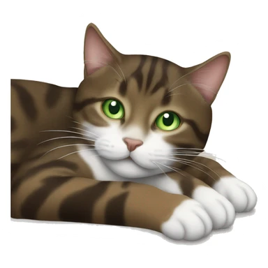 Dark brown tabby spotted cat with white paws, green eyes and white neck sleeping  sticker