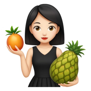 asian young woman in black dress with images of fruits on it sticker