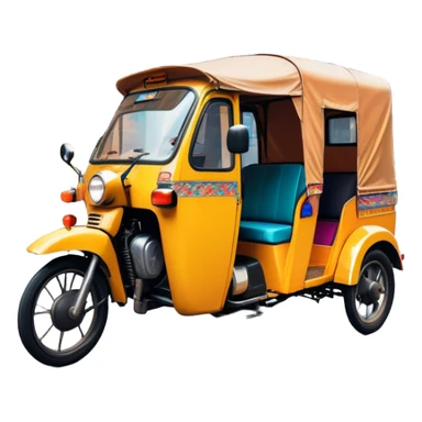 Cinematic Realistic image of a colorful auto rickshaw, rendered with detailed textures and lively, bold hues, set on a bustling urban street with dynamic, vibrant lighting that emphasizes its iconic role sticker