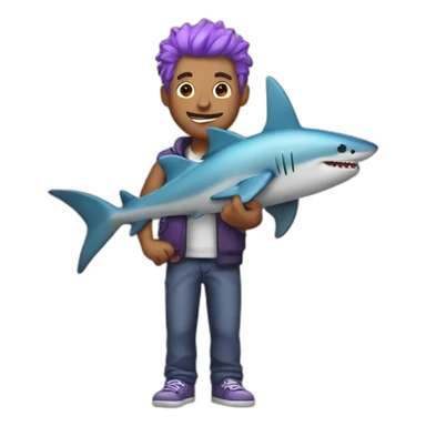 guy with purple hair holding a shark toy sticker