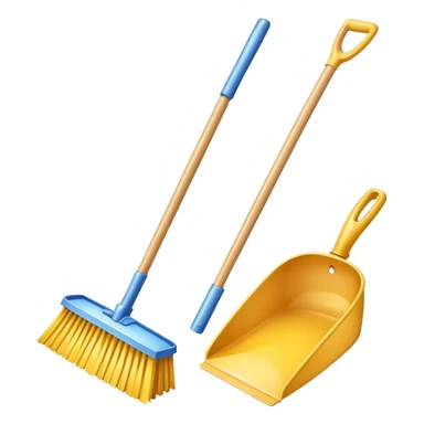 broom and dustpan with sparkles, clean and friendly sticker