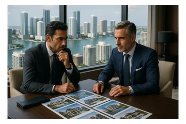 Foto hiper realista que refleje a nuestro cliente ideal de real estate: Empresarios y propietarios internacionales que necesitan vender, reinvertir o diversificar su portafolio en propiedades residenciales o comerciales en Miami, con absoluta confidencialidad y criterio. sticker