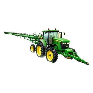 John Deere R4045 (2020) – Cinematic-realistic John Deere R4045 self-propelled sprayer, its green and yellow body gliding over rows of crops. Long booms extend across the field, misting a fine spray over the vibrant green plants, ensuring a healthy harvest under a bright blue sky. sticker