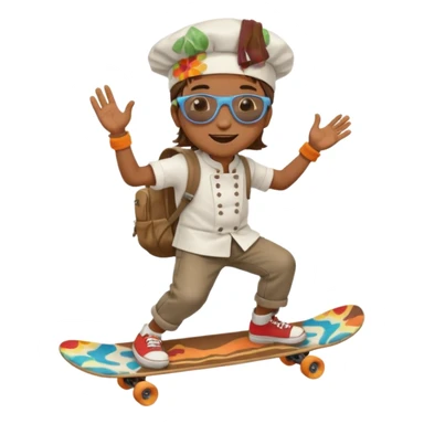 ["A happy boy with brown skin, straight hair, wearing a chef hat and sunglasses, dressed in hippie fashion, is skateboarding while holding a backpack."] sticker