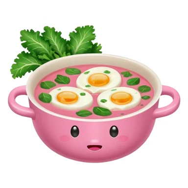 pink soup with egg and greens inside, boiled potatoes by its side, surprised face emoticon sticker