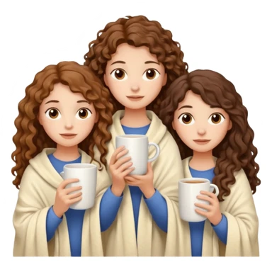 with triple girl with fair skin with long curly brown hair her shoulders are covered with a cream blanket in her hands a white mug her face is calm sticker