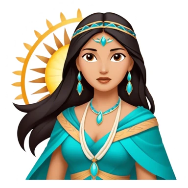 Cinematic Majestic Pocahontas Portrait Emoji, rendered in a clean, vector-style with bold shapes. Show Pocahontas with a serene, noble expression, radiant sun-kissed skin, and elegantly flowing dark hair, dressed in traditional garments with subtle turquoise accents. The design radiates a majestic, natural glow, high shine, and a soft glowing outline, capturing her regal beauty. sticker