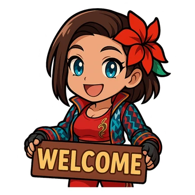 Azucena from Tekken 8 in chibi sticker style, holding a sign that says 'WELCOME', big smile, wearing the detailed red and patterned outfit from the reference images, designed for Twitch emote use. sticker