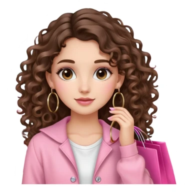 cute balayage brunette long hair curly/wavy haired girl, hoop earrings, clean girl makeup DOING SHOPPING WITH PINK CLOTHES ON sticker