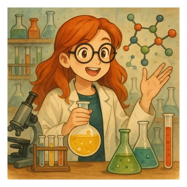 Add chemical accessories such as test tubes, flasks, a microscope, and molecules around the red-haired chemistry professor in an expressive illustration style. sticker