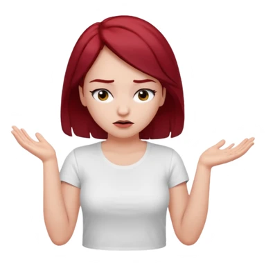 younger woman shrugging, eyes closed, white t-shirt, dark red hair, black eyebrows sticker