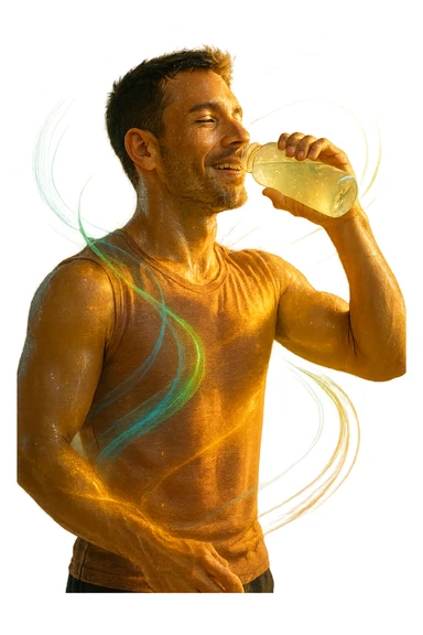 Uomo atletico sui 30 anni, al mattino presto, mentre beve una bevanda trasparente ricca di elettroliti da una borraccia. Il suo corpo è illuminato da una luce naturale dorata e mostra una leggera aura energetica attorno ai muscoli, simbolo di rigenerazione e recupero. Espressione rilassata e vitale, pelle idratata e luminosa. Intorno a lui flussi leggeri e colorati (blu, verde, arancio) rappresentano il bilanciamento degli elettroliti: sodio, potassio, magnesio. Ambiente naturale o cucina moderna minimalista. Atmosfera positiva, pulita e rinvigorente. sticker