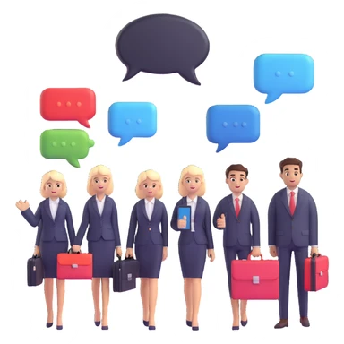 group of professional business managers with briefcases, digital chat bubbles, welcoming and professional vibe sticker