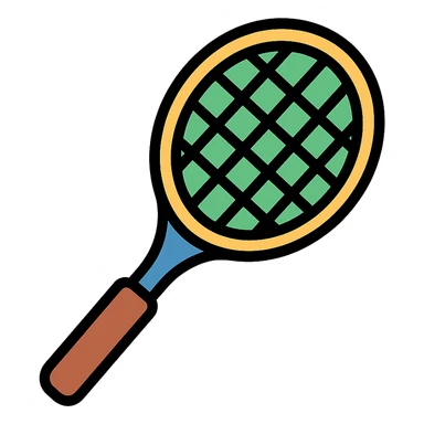 tennis racket, color icon style, classic look, brown handle and green strings sticker