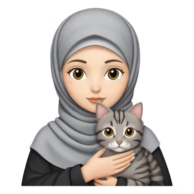 White girl wearing hijab holding a black and grey tabby cat sticker