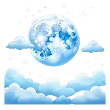"A dreamy night sky illustration with a glowing full moon, soft clouds, and twinkling stars in shades of blue."
 sticker