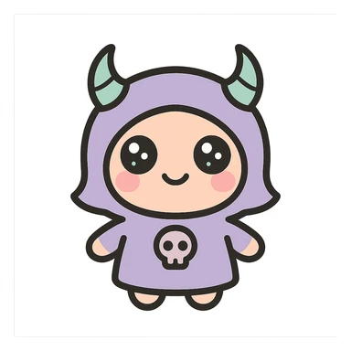 Make the white and black gothic kawaii phone case more minimal, reduce details, keep only one or two simple gothic symbols, big eyes, smiling, playful, cartoonish, no purse references, with no background. sticker