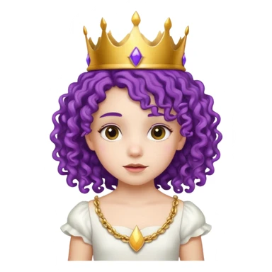 Princesses kid girl, with Gold Crown on purple curly hair, with white dress sticker