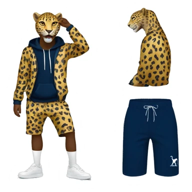 Leopard standing on two feet and having a ralp louren navy blir sip up hoodie on and white shorts  sticker