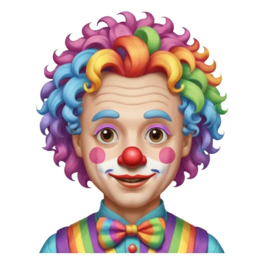 Middle-age man with Curly rainbow hair of clown — soft pastel curls tied high sticker