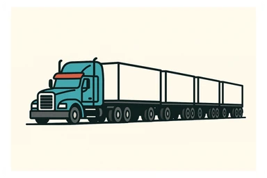 A road train: a semi truck with four trailers, cyan cab, red bug shield, clean and simple. sticker