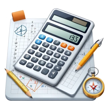 An icon featuring mathematical formulas, a calculator, and geometric shapes, symbolizing mathematics. The design includes numbers, a ruler, and a compass, representing the study of numbers, logic, and equations. Transparent background highlights the science of calculation and analysis sticker