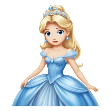 Cinematic Realistic Cinderella Portrait, showcasing her regal elegance in a full ball gown rendered with exquisite detail. Her fair, luminous skin and lustrous blonde hair are highlighted by subtle, shimmering accents and gentle natural light, evoking a magical, transformative aura. sticker