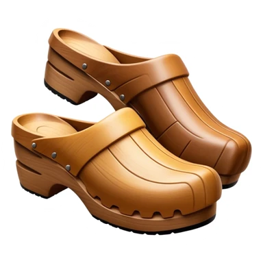 Cinematic Realistic Wooden Clogs Emoji, depicting the classic handcrafted footwear with a smooth, curved design and sturdy wooden soles, rendered with rich textures and warm, natural lighting. sticker
