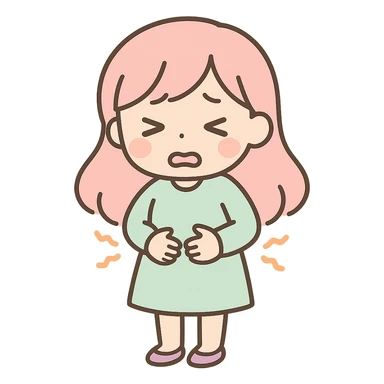 hungry woman holding her belly, face looks very uncomfortable, anime style, full body sticker