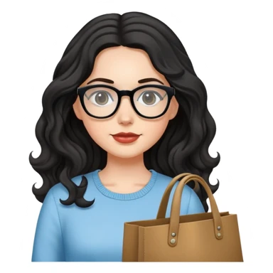 A white girl with black wavy long hair, wearing Wearing glasses and Crossing a tote bag sticker