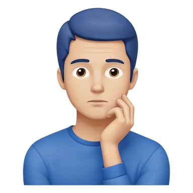 Close-up of a male character in blue clothing, with a thoughtful expression and hand resting on his chin, symbolizing deep thinking. Minimalist, modern style, focusing on facial expression and attire sticker