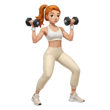 Ginger gym girl standing sideways with dumbbells and cream athleisure pants clothes sticker