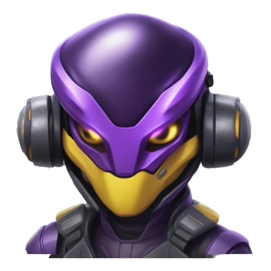 a shiny black-purple-yellow Genesect-Raptor-Fakémon—hybrid with a futuristic visor-helmet full bod sticker