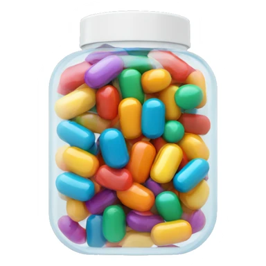 Small translucent plastic container with colorful pills inside sticker