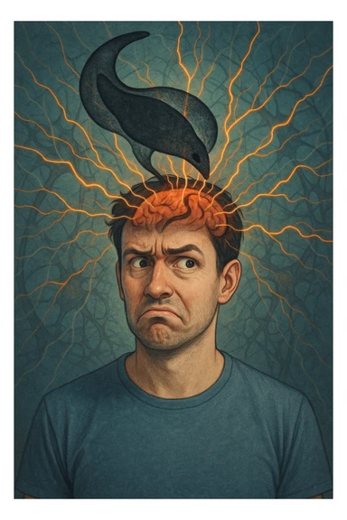 Uomo con espressione confusa e sbalzi emotivi visibili sul volto, in un ambiente surreale. Un'ombra astratta o un parassita trasparente (Toxoplasma gondii) si insinua nel cervello, con linee energetiche che influenzano le emozioni. Sfondo neurologico, atmosfera tesa, simbolismo mentale e parassitario. sticker