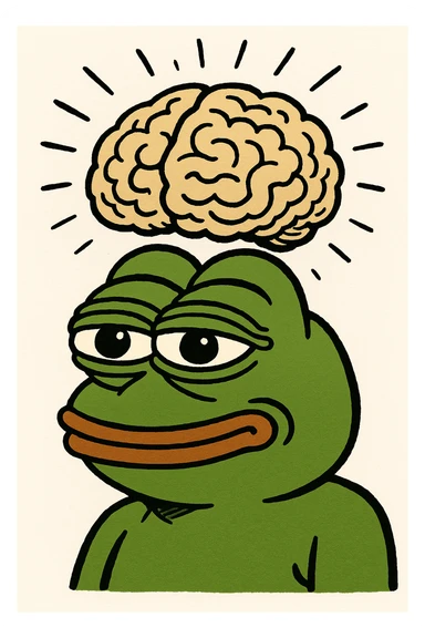 pepe the frog, brain expanded, meme illustration, humorous, comical sticker