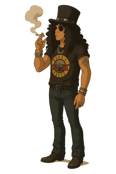the full body of a rock star smoking a cigarette that looks like slash from guns and roses sticker