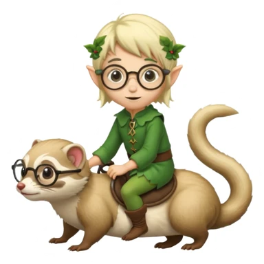 tiny forest elf blode hair with round glasses riding a ferret sticker