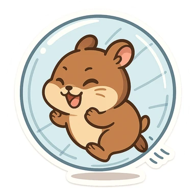 cartoon brown hamster running in a transparent ball, playful sticker
